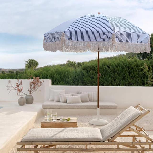 Where to find Patio Fringe Umbrella, Blue Stripe in Tulsa