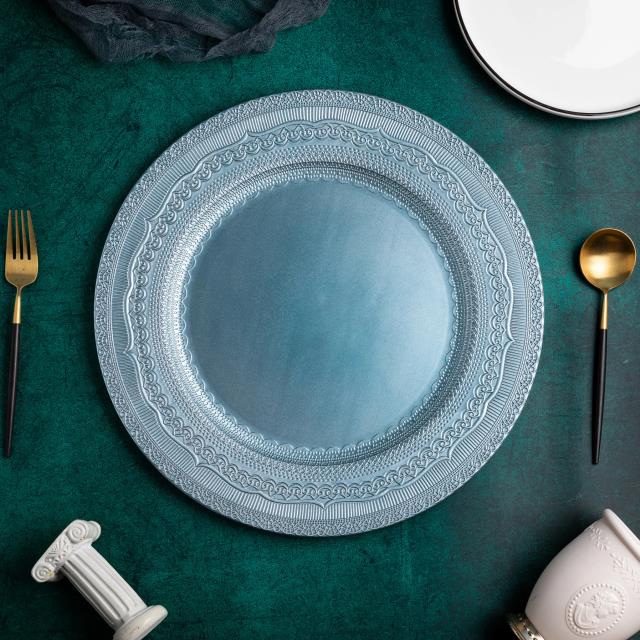 Where to find Slate Blue Lace Embossed Charger in Tulsa